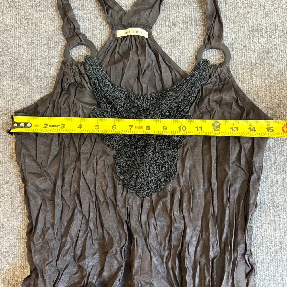 Mi ami Womens Black Crochet Lace Bib Tank Top Crinkle Drop Waist Front Tie Sz Sm